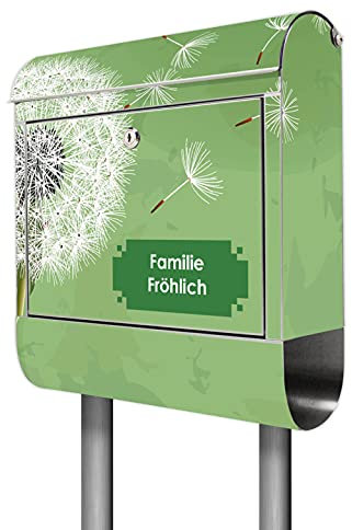 banjado® Briefkasten mit Standfuß personalisiert Motiv Pusteblume 3 - Stand Briefkasten Edelstahl mit Zeitungsfach - Postbox/Postkasten A4 Einwurf inkl. Montagematerial & 2 Schlüssel