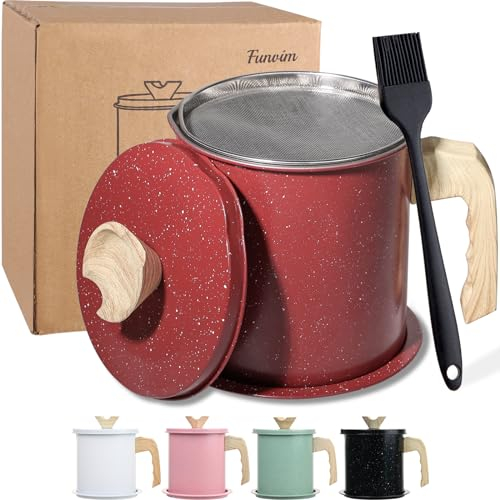 funvim Contenedor de grasa de tocino con colador de malla fina, lata de almacenamiento de aceite de cocina de hierro rojo de 56 onzas con colador de acero inoxidable para freír aceite, aceite de
