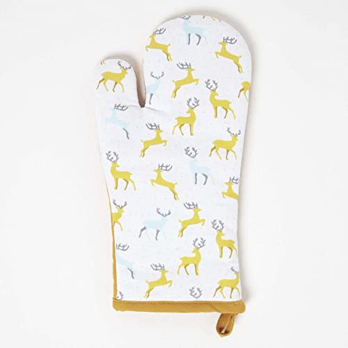 HOMESCAPES Grey & Yellow Oven Glove 100% Cotton Christmas Oven Mitt with Stag Xmas Pattern