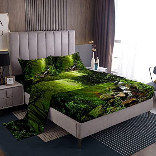 Wooden Bedding Set Tree Bedding Sheet Creek Nature Scenery Bed Sheets for Children Kids Boys Girls Microfiber Bed Sheet Set Double Size
