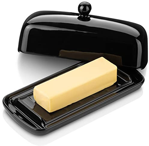 Nucookery Keramik-Butterdose mit Deckel | erhöhte Beine und rutschfestes Streifen-Design | Porzellangesundheit | spülmaschinenfest, schwarz