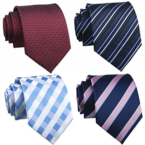 Rossika Lot de 4 ou 6 cravates classiques à rayures pour homme Motif jacquard tissé, Bleu, bleu marine, rose, rouge vin et gris foncé, taille unique