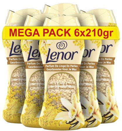 Lenor Parfum de Linge en Perles, 90 Lavages (210g x 6), Vanille Et Mimosa, Un Regain de Fraîcheur jusqu'à 12 Semaines de Stockage