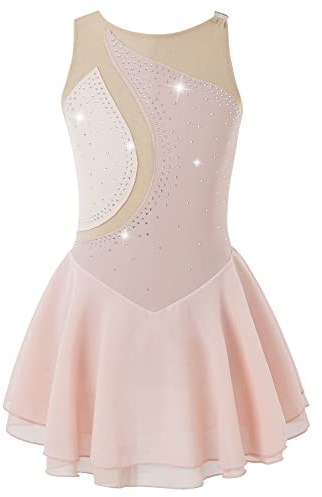 iEFiEL Mädchen Eiskunstlauf Kleid Glitzer Ballettkleid Ärmellos Ballettanzug Ballett Trikot Body mit Strass Wettbewerb Kostüm Gymnastikanzug Y Rosa 170-176