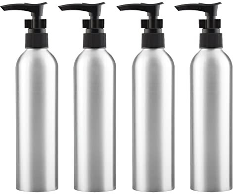 ZEOABSY 4 Pieces Empty 250ml Silver Aluminium Lotion Pump Bottle, Aluminum Bottles with Black LOCK Clip Pump, Metal Bottles for Cosmetic Bathroom Hotel Travel Essential Oil Shampoo Dispenser