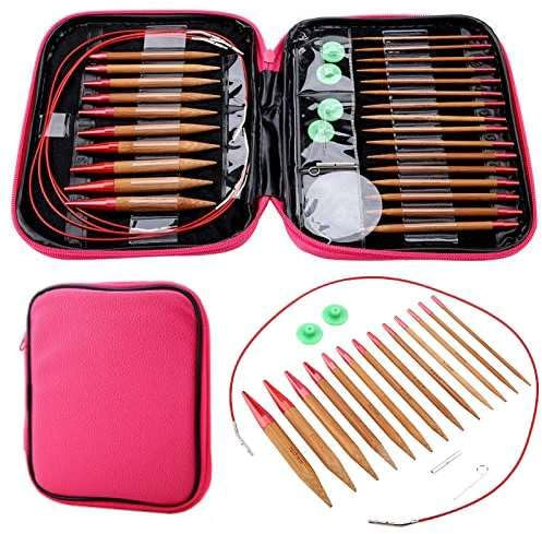 Fyearfly Circular Needles Knitting Kit, 13 Pcs Interchangeable Needle Tip Set,Carbonized Bamboo Sewing Crochet Needles Kit with Storage Case for Adults Kids Beginners