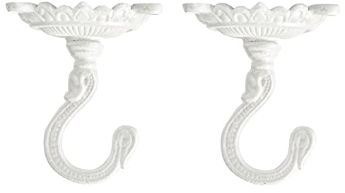 Sungmor Ganchos de techo resistentes para colgar plantas, 2 ganchos de techo de hierro fundido blanco, ganchos decorativos antiguos para colgar macetas, faroles de campanilla de viento