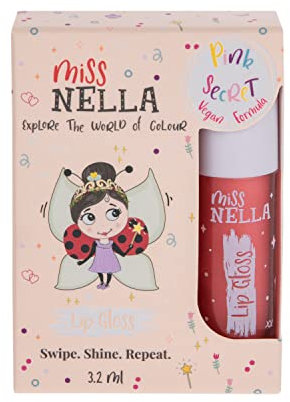 Miss Nella Pink Secret Lipgloss, rosar feuchtigkeitsspendender Kinder-Lipgloss, Mango Melone, sanft zur Haut. Gibt einen Hauch von Farbe, mit extra Glanz.