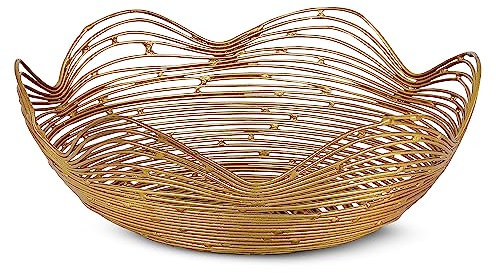 Mela Artisans Metal Bowl, Gold, Large, 12” x 4.5” x 6”, Ruffle Decorative Style Bowls for Fruits & More, Kitchen Counter w/Round Underneath, Handmade, Sustainable, Elegant, Modern