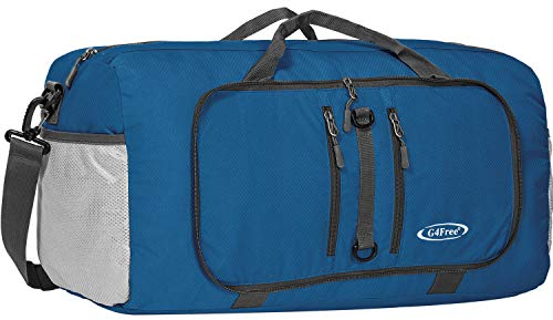 G4Free Bolsa de Lona Plegable de 40L/65L, Mochila de Viaje Repelente al Agua, Bolsa de Transporte Ligera para Deportes de Fin de Semana Durante la Noche, Hombres y Mujeres, Azul Oscuro, 65L