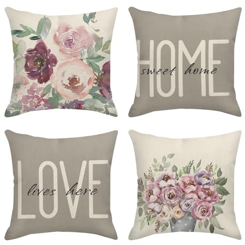 Sanwarm Dekokissenbezüge, Heimdekoration, 4er-Set, Pfingstrosen, Rose, Home Sweet Home, Dekokissen, 45,7 x 45,7 cm, Outdoor-Kissen, Couch-Kissenbezüge