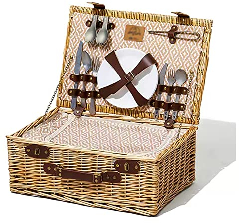 Weiden-Picknickkorb für 3 Personen, tragbarer Weidenkorb mit großem Fassungsvermögen, leicht und langlebig, Korb mit Griff und Deckel, für Outdoor-, Familien-, Camping-Picknick (46 x 33 x 20 cm)