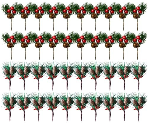 WideSmart 40 Stück Kleine Künstliche Tannenzweige,Beerenzweig mit Beeren und Tannenzapfen Beeren Weihnachten Rote Beeren Deko Weihnachtsdekoration Weihnachtsdeko Adventsdeko Basteln Advent Tischdeko