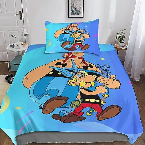 MANBUREN Asterix Bettbezug Duvet Cover 3D Obelix Bettwäsche Quilt Cover 2teilig Microfaser Mit Kissenbezug Für Kinder Und Erwachsene Mit Reißverschluss Für Allergiker Single(135x200cm)