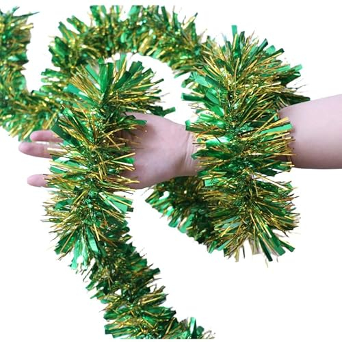 10 guirnaldas de 2 m x 9 cm para árbol de Navidad, espumillón metálico para árbol de Navidad, bodas, cumpleaños, decoración – dorado y verde
