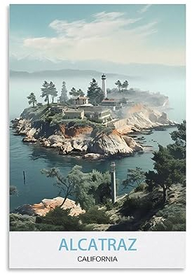 KmoNo Alcatraz California Vintage Reiseposter, 50 x 75 cm, Poster, Dekoration, Gemälde, Leinwand, Wandkunst, Wohnzimmer, Schlafzimmer