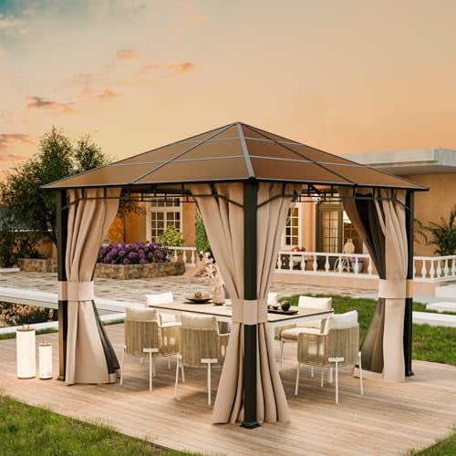 UDPATIO Tonnelle de Jardin 3x3m Imperméable - Toit UV Résistant avec Rideaux, Tonnelle Stabilisée pour Jardin, Terrasse (Champagne)