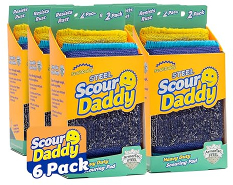 Scrub Daddy Steel Scouring Pad Scrub Sponges - Stainless Steel Scour Daddy - Stainless Steel Fibers Do What Scrubbing Sponges Can't - Durable, Shred-Resistant Scrubbing Pads - 2 Count (6 Pack)