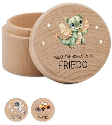 Bärenfreunde - Milchzahndose personalisiert aus Holz mit kinderfreundlichem UV-Druck - Zahndose Milchzähne als Erinnerung an die ersten Zähnchen (Drache)