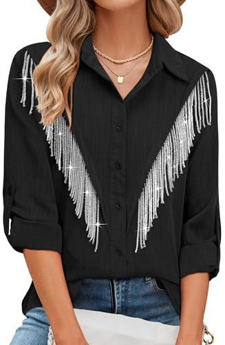 MYMORE Nashville Damskjorta med 3/4 ärm med knappar | Nashville Cowboy Rodeo Music Festival Outfits, 3/4 knapp ner ärm upprullad lång skjorta