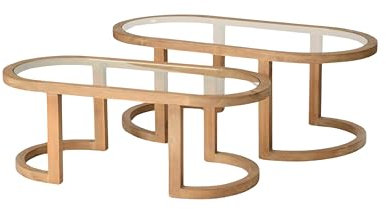 Set de 2 mesas de Centro ovaladas de Madera Natural y Cristal 47x122x61 cm
