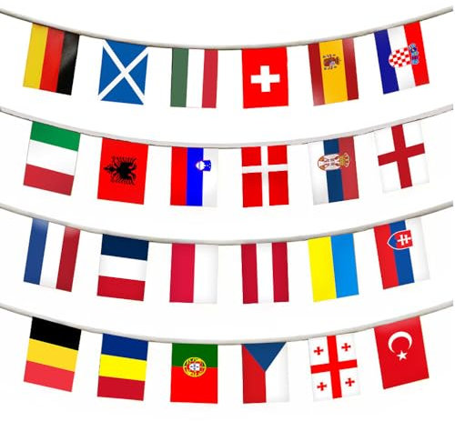 Murago - Fahnenkette mit 24 europäischen Ländern ca.7m - Flaggenkette Europa Länderfahnen Dekoration Fahnen EM Flaggen Banner Girlande Kette Partydekoration international