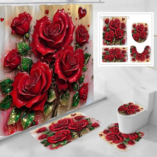 Litabel Lot de 4 rideaux de douche avec tapis antidérapants, housse d'abattant de toilette et tapis de bain, ensemble de décoration de salle de bain avec rideau de douche et tapis de bain Motif roses