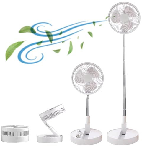 ATEK Cordless Telescopic Foldable Wireless Battery Operated Fan - USB Powered Pedestal - Foldable and Adjustable Height Air Circulator Flool Fan for Outdoor Courtyard Beach Travel Room