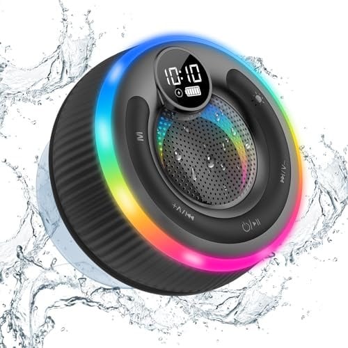 Bluetooth Shower Speaker, Portable 5.3 with Time Display, IPX7 Waterproof with Suction Cup, Mini with RGB Lights, Wireless for Bathroom/Party/Outdoor/Travel
