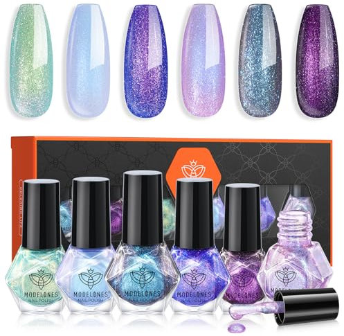 MODELONES Nagellack 6 PCS, Nagellack Schnelltrocknend Aurora Glitter Blue Purple Chameleon Nagellack, Langanhaltender Nagellack für DIY Salon Geschenk für Frauen Mädchen Maniküre Salon