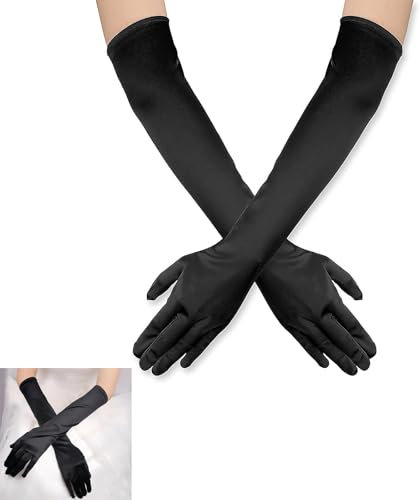 beejune Lange Schwarze Handschuhe, Elegant für Damen, Frauen, Mädchen - Halloween, Karneval, Fasching, Fest, Party, Kostüm (53cm)