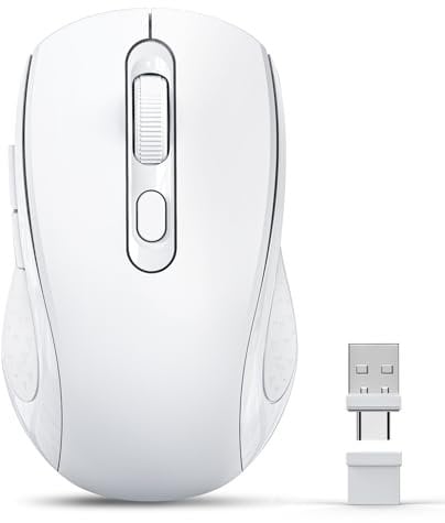 Wireless Computer Mouse with BT5.0 and USB-A/C 2in1 Dual Receiver, Silent Rechargeable, Compatible with TypeC and USB Port Devices/MacBook Pro/Air/iPad/Chromebook/Laptop, White