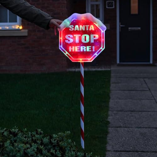 Festive Lights - 1.1m Christmas Santa Stop Here Sign Red and White Stake Light - 30 LED Multicolour Mains Powered Outdoor Traditional Seasonal Prelit Candy Cane Decoration