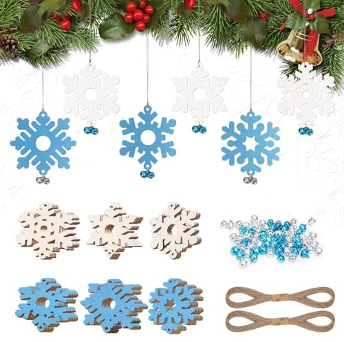 HAKOTOM 36 Stück Schneeflocke Holz Anhänger Weihnachten Hängende Deko Winter Holzanhänger mit Glocken Weihnachtanhänger Weihnachtsdeko Weihnachtsschmuck für Weihnachtsbaum Weihnachtskranz Fenster