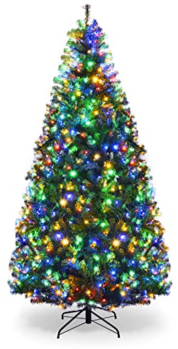 KOMFOTTEU Árbol de Navidad Artificial con Iluminación LED, 11 Modos de 2 Tipos de Cambio 5 Colores, Árbol Navideño con Ramas PVC, Soporte de Metal Plegable (210 cm)