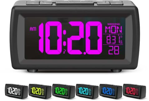 OWYELO Réveil Matin Multifonctions, avec Fonction FM Radio et Double Alarme, Reveil Numérique LED avec Numéros Personnalisés en Sept Couleurs, Snooze, 12/24H, Port USB, Décoration Moderne