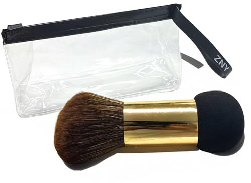 2 in 1 Makeup Sponge & Powder Makeup Brush, Double Ended Beauty Blender and Brush, Kabuki Face Brushes with Bag for Foundation Loose/Setting Powder, Blusher, Contour, Large Head, Ultra-Soft, Black