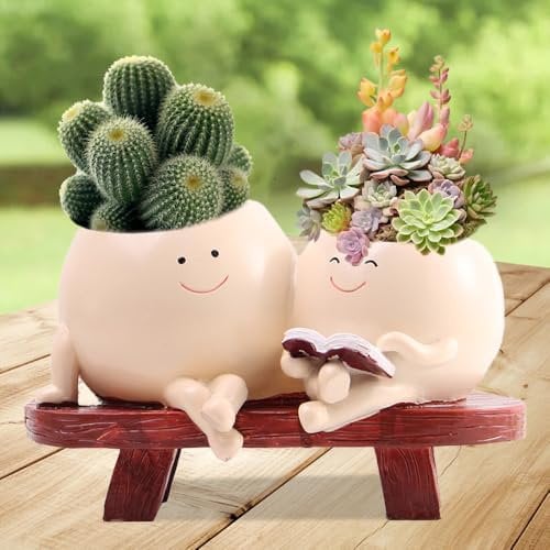 SGZIOO Blumentopf Gesicht, Lustige Blumentöpfe mit Ablaufloch, Sukkulenten Topf mit Smiley, Harz übertopf mit Gesicht für Innen Outdoor Dekorationen Haus und Garten Kreativität Geschenkideen