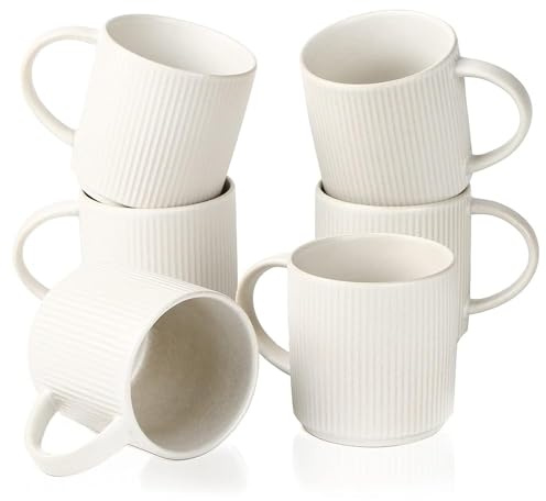 Richmount Star Coffee Mugs Set of 6, 12oz/340ml Stoneware Tea Cups with Large Handle for Latte/Cappuccino/Milk/Cocoa/Tea, Microwave & Dishwasher Safe, Matte White