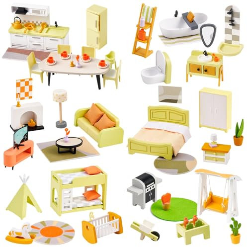 Holz-Puppenhaus, 6 Zimmer, 85 Teile, Spielzeug für Kinder ab 3 Jahre Puppenhaus Möbel