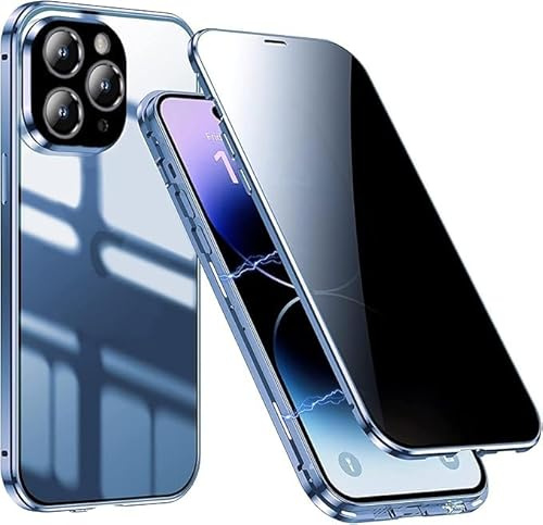 DoubCase for iPhone 12 Pro Privacy Case,Anti-peeping Tempered Glass Double-sided Case with Magnetic Adsorption,Front & Back Metal Bumper 360° Full Cover Anti-Spy Phone Case,Blue