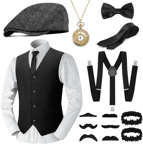 WEARXI 20er Jahre Kostüm Herren, Halloween Kostüm Herren, Karneval Kostüm | 20er Jahre Accessoires mit Weste Hosenträger Hut Krawatte Taschenuhr Kunstbart Gläser, Fasching Anzug Kleidung für Partys
