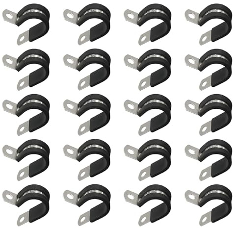 20 PCS Cable Clamps,P Clips,Stainless Steel Rubber Cushioned R Shape Clamps,6mm Rubber Lined P Clips,Metal Conduit Cable Clamp Set for Cord, Wire, Hose, Tube(Black)