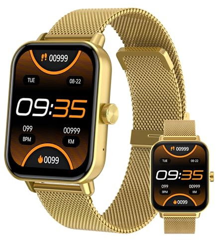 Digitec Montre connectée Square dorée avec Bracelet en Maille milanaise dorée, Homme Femme, Suivi activité et Sommeil