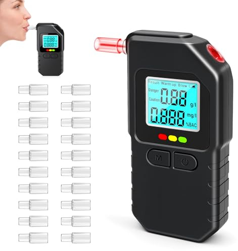 Alkoholtester mit Zwei Sensoren,Polizeigenaues Promillemessgerät mit Professionellem Digitalem LCD-Display und 20 Mundstücken,Tragbarer Alkoholmessgerät für Den Persönlichen und Professionellen Gebrau