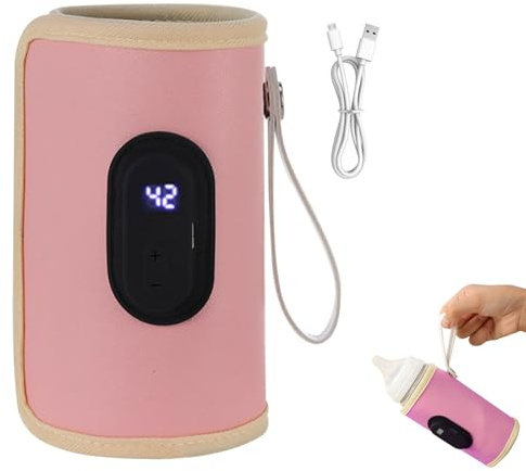 Portable Baby Bottle Warmer Bag with LCD Display, Portable Cartoon Milk Bottle Travel Heater Heating, Adjustable USB Baby Bottle Heater, Milk Bottle Heating Bag for Home Outdoors Travel (Pink)