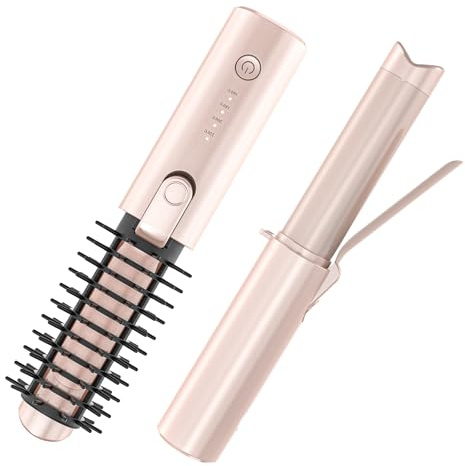Youbella Brosse à friser sans fil, fer à friser portable, mini brosse ronde chauffante de 3,8 cm, baguette de lissage rechargeable par USB 3 en 1 pour coiffer et lisser, 200 millions de soins ioniques