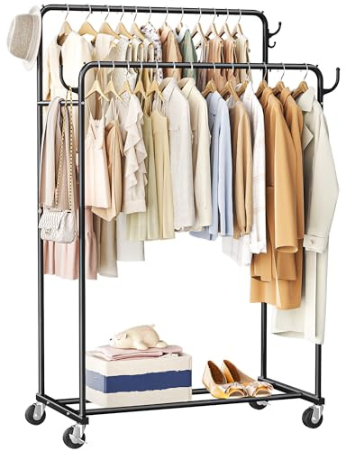 HogHow Clothes Rack, Rolling Clothing Rack with Double Rods for Hanging Clothes, Portable Garment Rack with Wheels, Metal Wardrobe Closet Organizer for Bedroom and Laundry Room