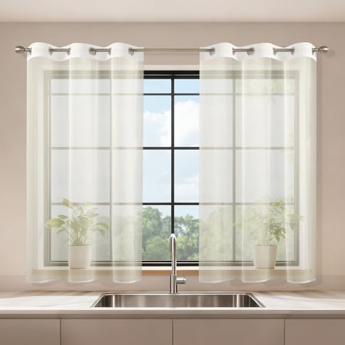 Runyéla Voile Gardinen mit Ösen 2er Set, H 120 x B 90 Stores Gardinen Beige Transparent, Vorhänge Durchsichtig Weiss, Ösenvorhang Kurz Schlaufenschal für Schlafzimmer Wohnzimmer Küche Sheer Curtains