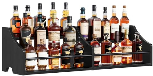 FAVOOSTY 3-Tier Bottle Display Shelf, Drinks Cabinet Bar Shelves Wine Rack for Whiskey and Spirits, Coffee Syrup Rack Organizer for Home Garden Outdoor Party, Black